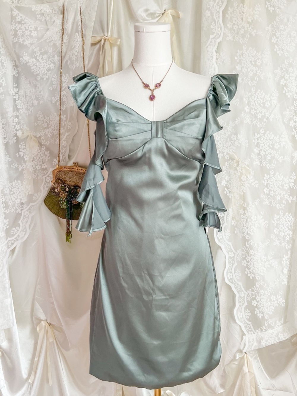 Sage Satin Flutter Sleeve Party Dress NWT - Picture 4 of 4